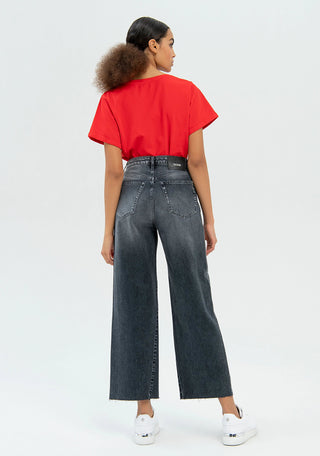 Jeans Wide Leg Cropped Made In Black Denim With Middle Wash - LNKM StoreFracominaPants