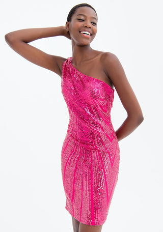 Mini Dress Slim Fit, Single Shoulder, Made With Sequins - LNKM StoreFracominaDress